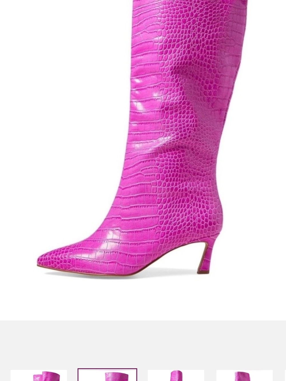 Hot Pink Croc Embossed Knee High Pointed Toe Kitten Heel Boots
